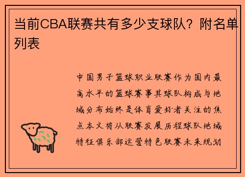 当前CBA联赛共有多少支球队？附名单列表