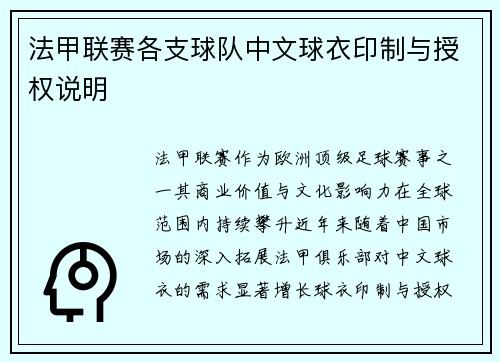 法甲联赛各支球队中文球衣印制与授权说明